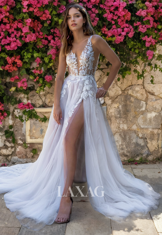 A-Line Low V-Neck Straps Backless Sequins Tulle High Slit Wedding Dress with Train