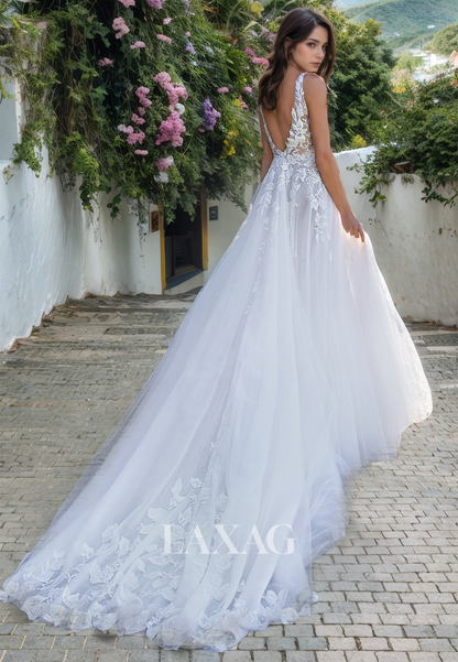 A-Line Low V-Neck Straps Backless Sequins Tulle High Slit Wedding Dress with Train