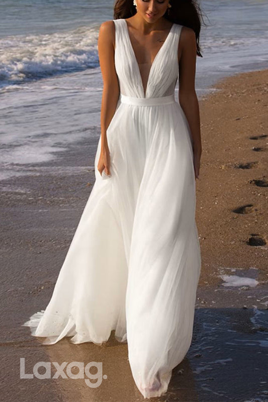 22656 - A-Line Low V-Neck Tulle Elegant Wedding Dress Sweep Train