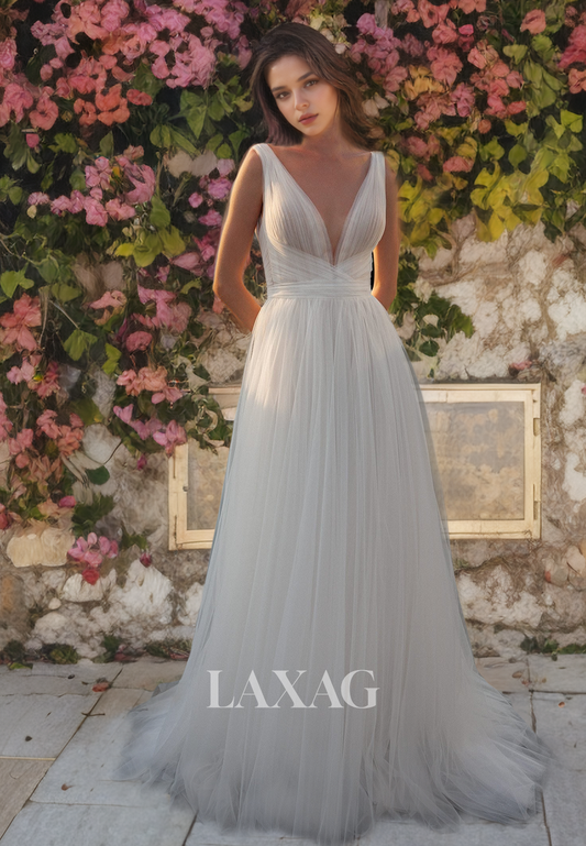 A-Line Low V-Neck Tulle Elegant Wedding Dress with Train