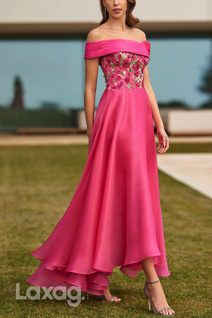 23043 - A-Line Off Shoulder Appliques Beaded Sleek Satin Cocktail Party Formal Evening Dress