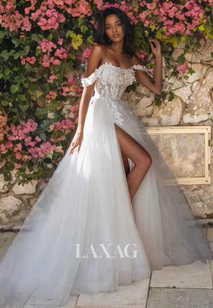 A-Line Off Shoulder Appliques High Slit Tulle Wedding Dress with Train