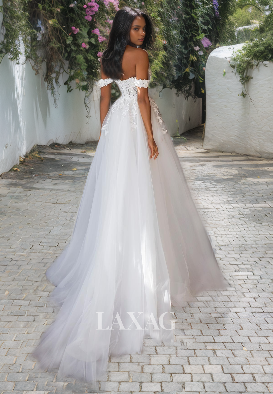 A-Line Off Shoulder Appliques High Slit Tulle Wedding Dress with Train