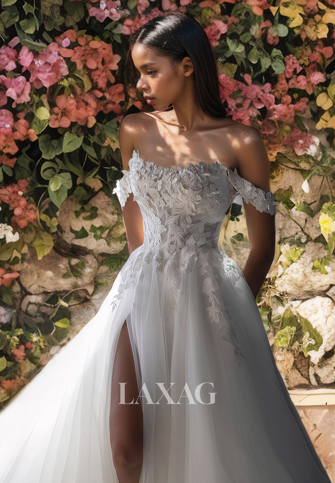 A-Line Off Shoulder Appliques High Slit Tulle Wedding Dress with Train