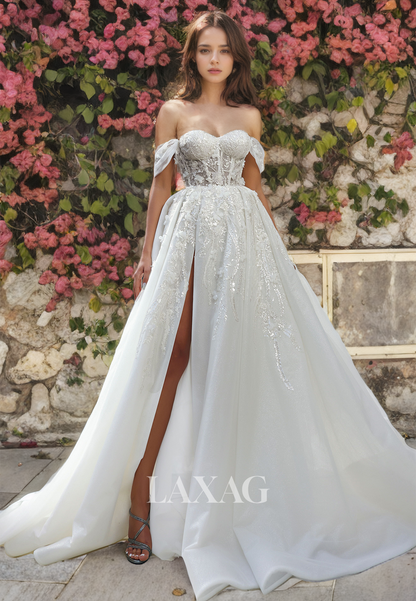 A-Line Off Shoulder Appliques Tulle High Slit Wedding Dress with Train