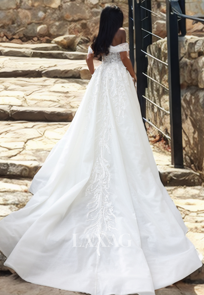 A-Line Off Shoulder Appliques Tulle High Slit Wedding Dress with Train