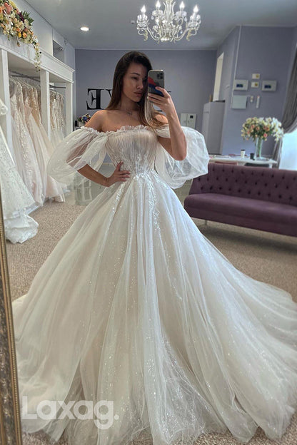 22398 - A-Line Off Shoulder Appliques Tulle illusion Wedding Dress