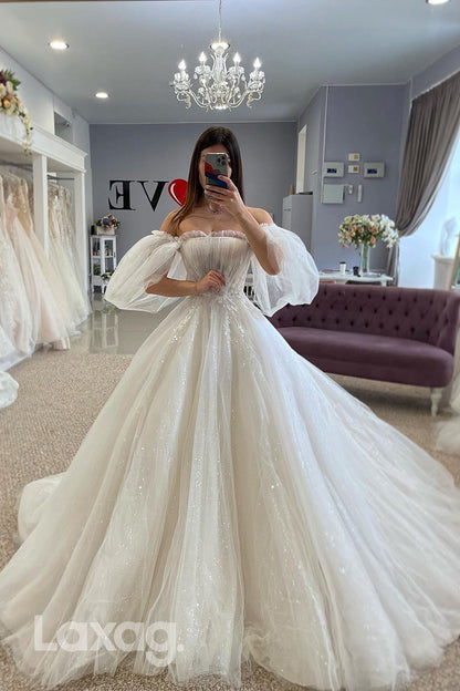 22398 - A-Line Off Shoulder Appliques Tulle illusion Wedding Dress