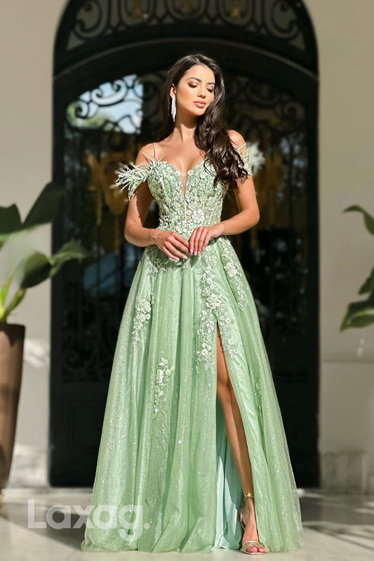 22302 - A-Line Off Shoulder Beaded Appliques Party Prom Formal Evening Dress with Slit