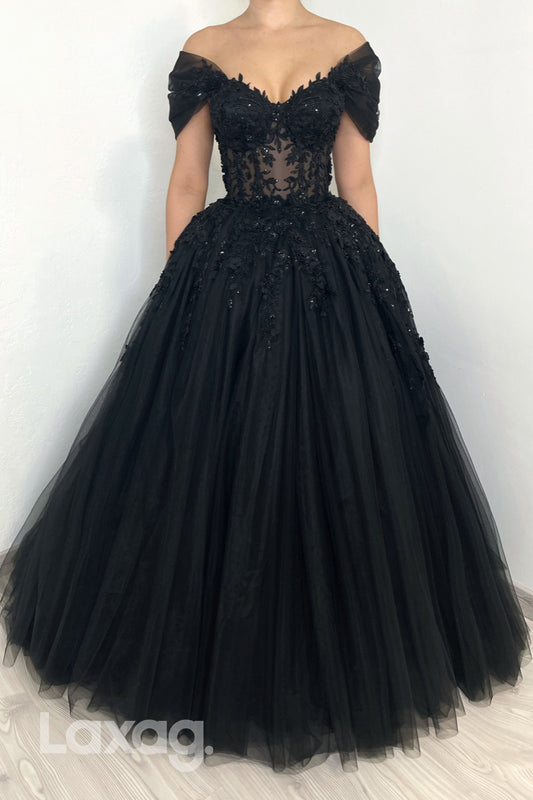 22225 - A-Line Off Shoulder Beaded Appliques Tulle Party Prom Formal Evening Dress