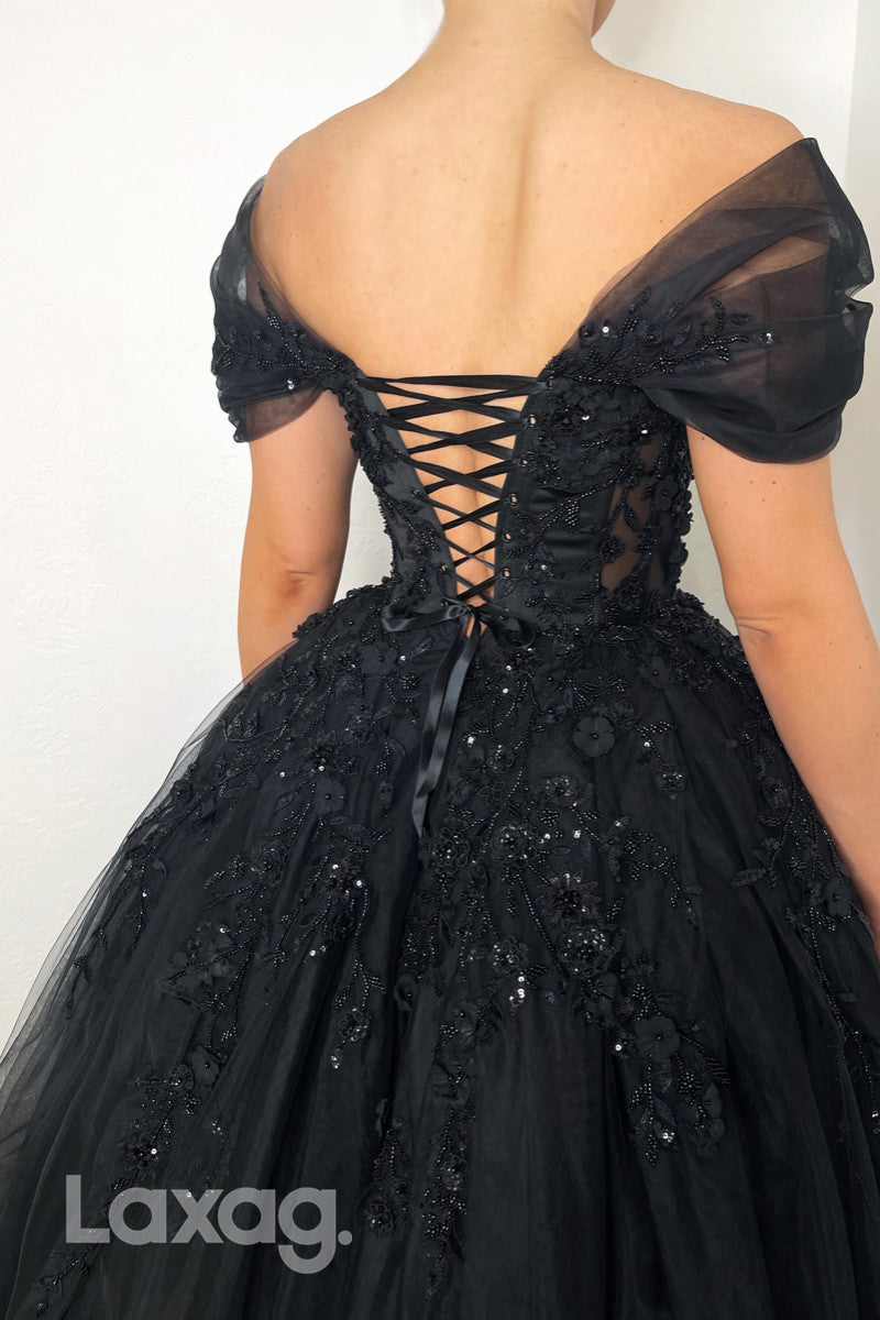 22225 - A-Line Off Shoulder Beaded Appliques Tulle Party Prom Formal Evening Dress