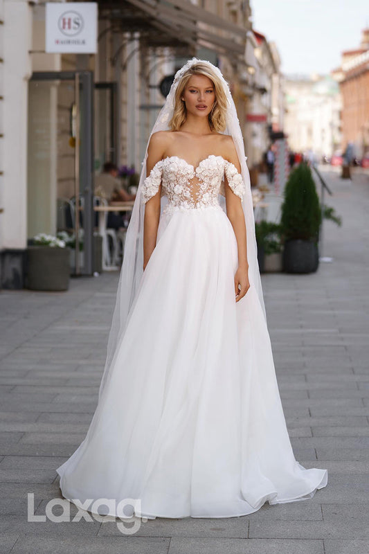 22375 - A-Line Off Shoulder Beaded Appliques Tulle illusion Wedding Dress