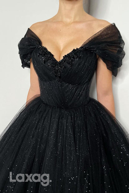 22224 - A-Line Off Shoulder Beaded Fully Sequins Tulle Party Prom Formal Evening Dress