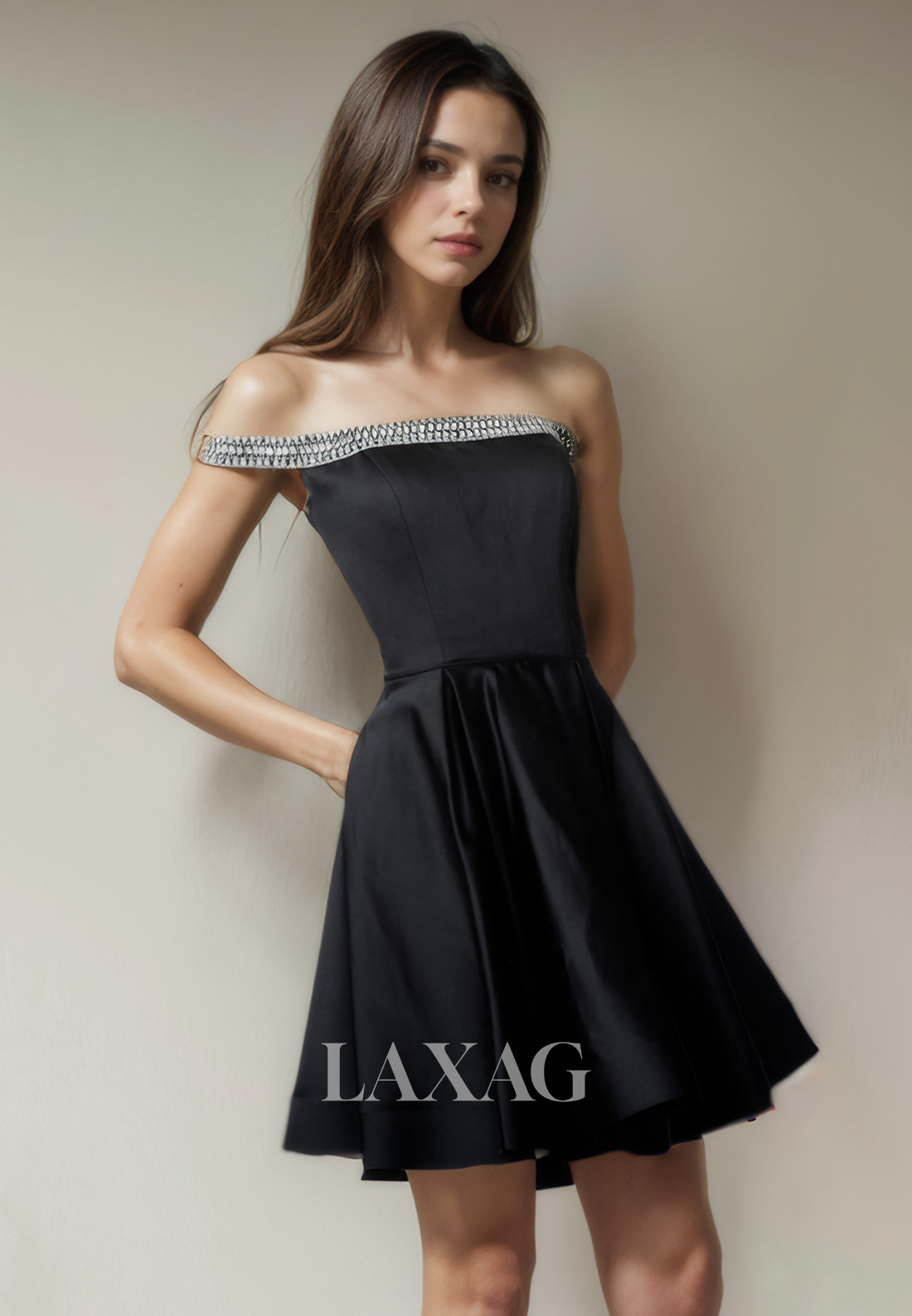 A-Line Off Shoulder Beaded Sleek Satin Elegant Party Homecoming Dress