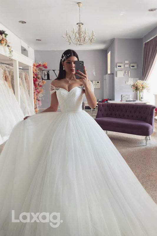 22390 - A-Line Off Shoulder Beaded Sweetheart Tulle Wedding Dress