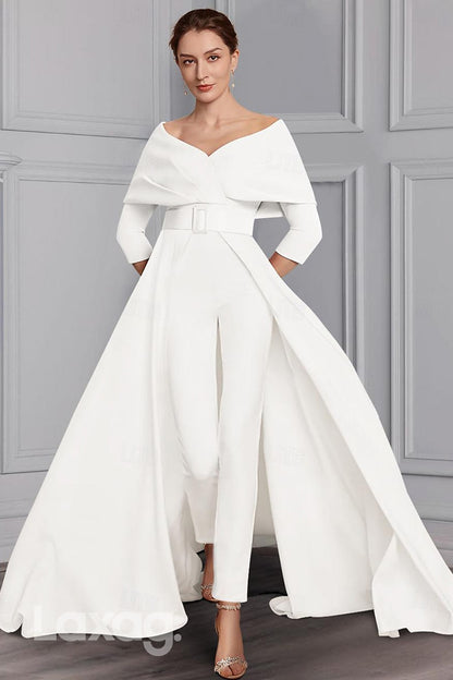 22487 - A-Line Off Shoulder Empire Belt 3I4 Sleeves Mother of the Bride Dress