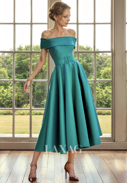 A-Line Off Shoulder Empire Belt Sleek Satin Elegant Mother of the Bride Dress