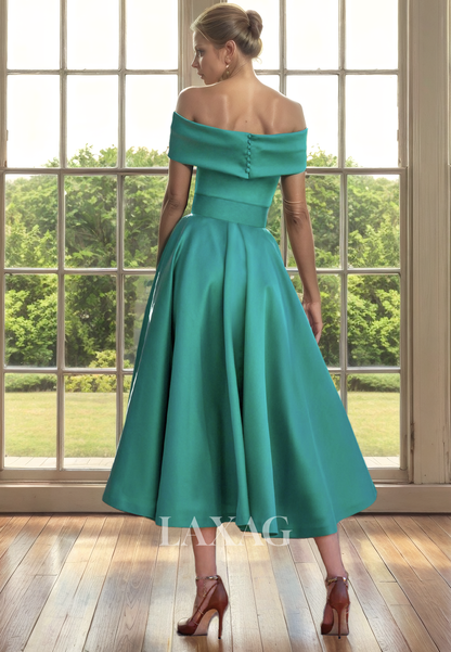 A-Line Off Shoulder Empire Belt Sleek Satin Elegant Mother of the Bride Dress