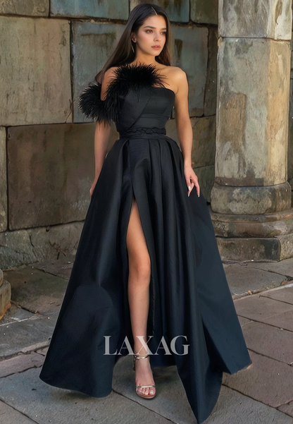 A-Line Off Shoulder Feather Sleek Satin High Slit Party Prom Formal Evening Dress