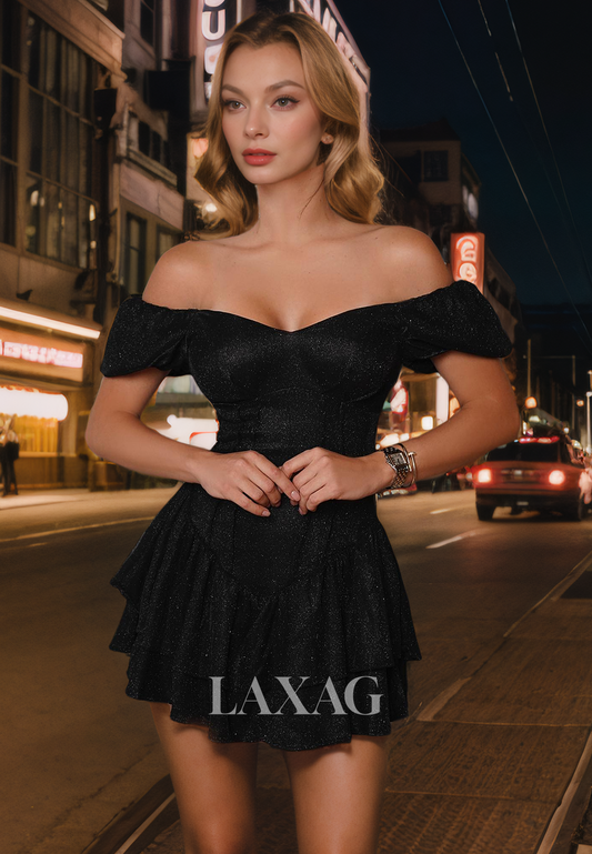 A-Line Off Shoulder Glliter Tiered Elegant Party Homecoming Dress