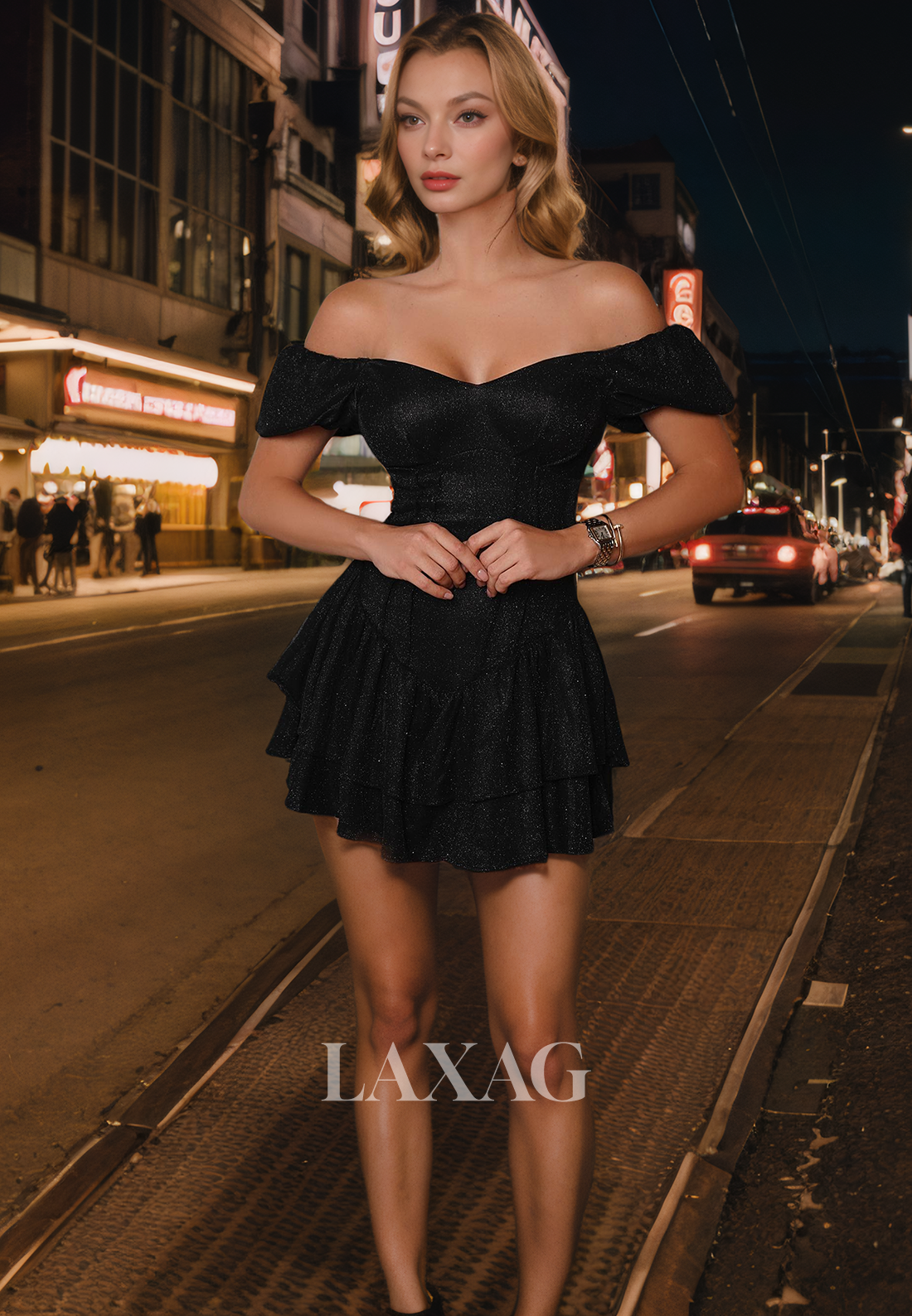 A-Line Off Shoulder Glliter Tiered Elegant Party Homecoming Dress