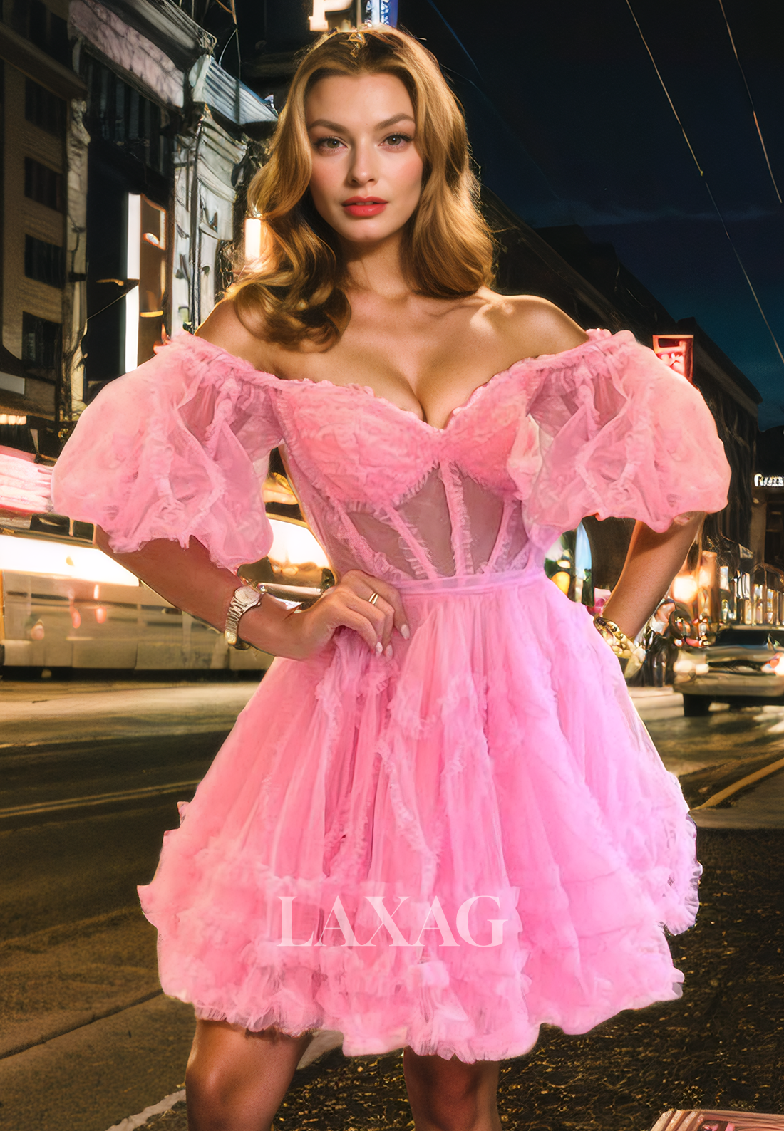 A-Line Off Shoulder Half Sleeves Tulle illusion Party Homecoming Dress