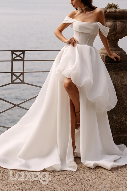 23028 - A-Line Off Shoulder High Low Elegant Wedding Dress with Train