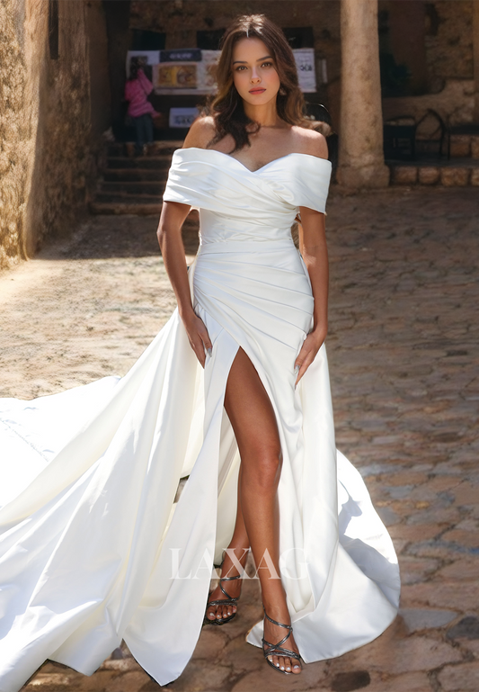 A-Line Off Shoulder High Slit Sleek Satin Elegant Wedding Dress with Train