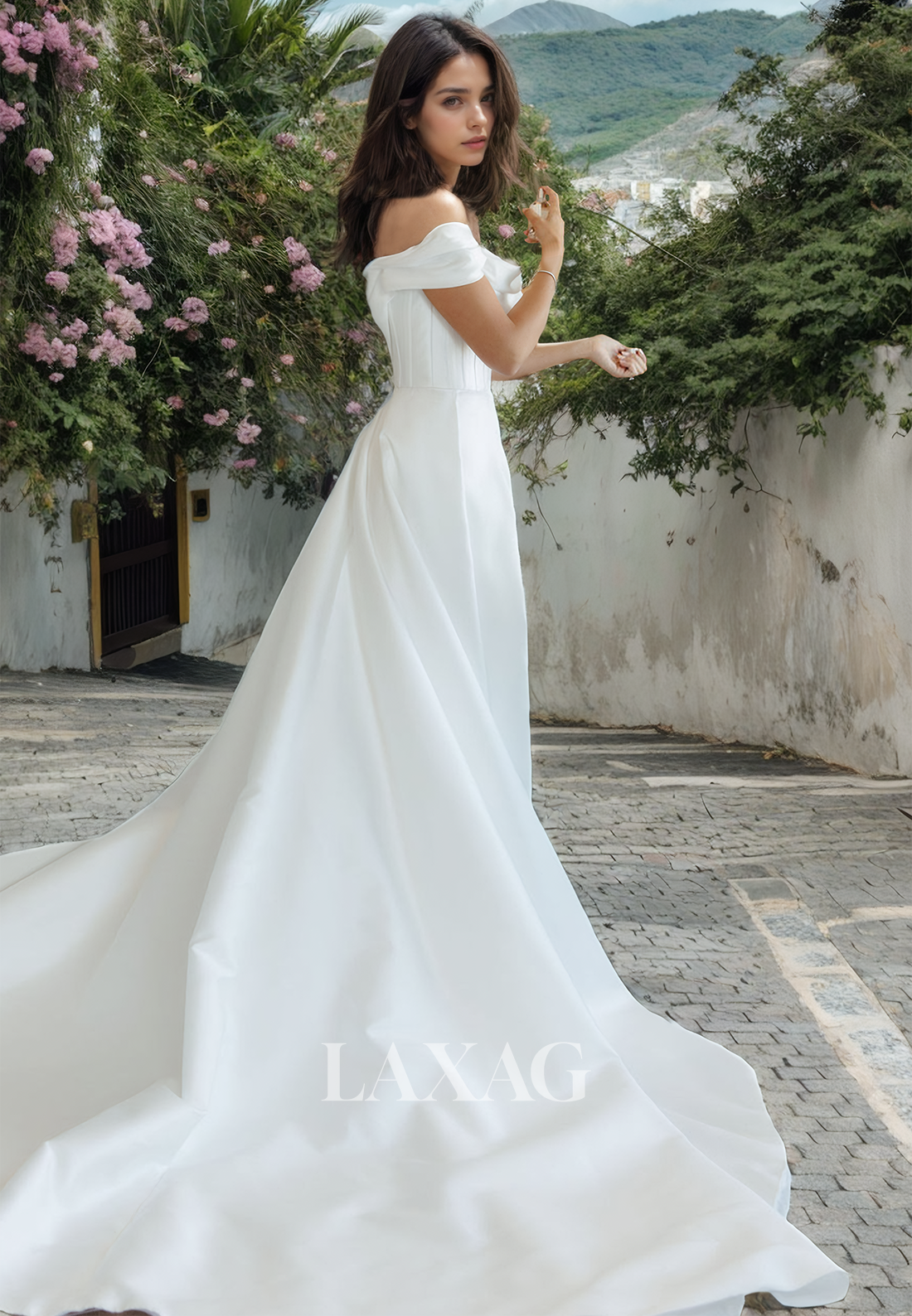 A-Line Off Shoulder High Slit Sleek Satin Elegant Wedding Dress with Train