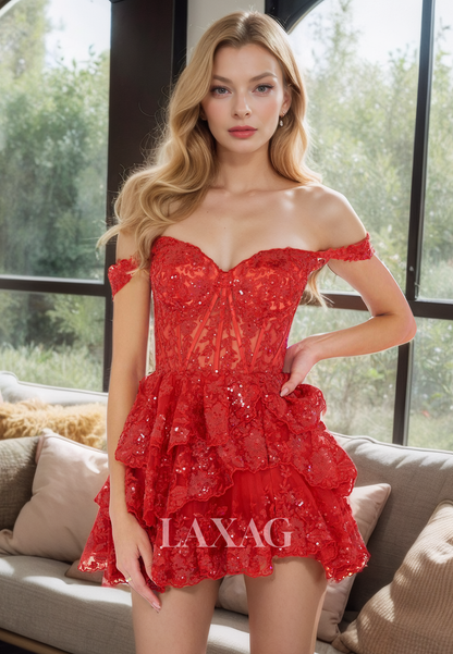 A-Line Off Shoulder Lace Appliques Sequins Tiered Party Homecoming Dress