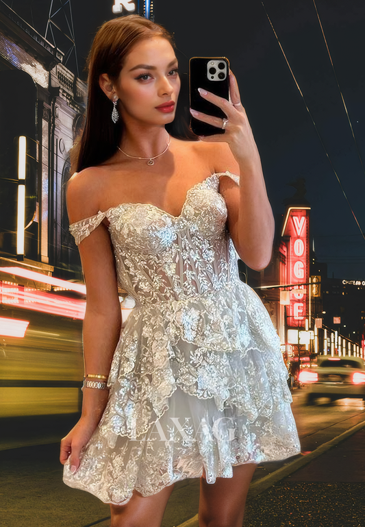 A-Line Off Shoulder Lace Appliques Sequins Tiered Party Homecoming Dress