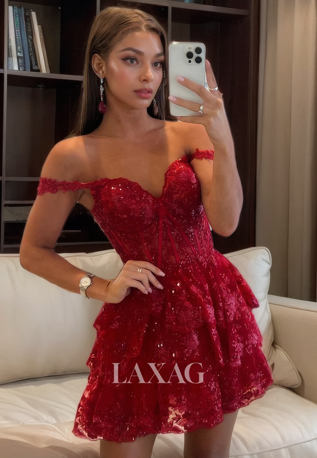 A-Line Off Shoulder Lace Appliques Sequins Tiered Party Homecoming Dress