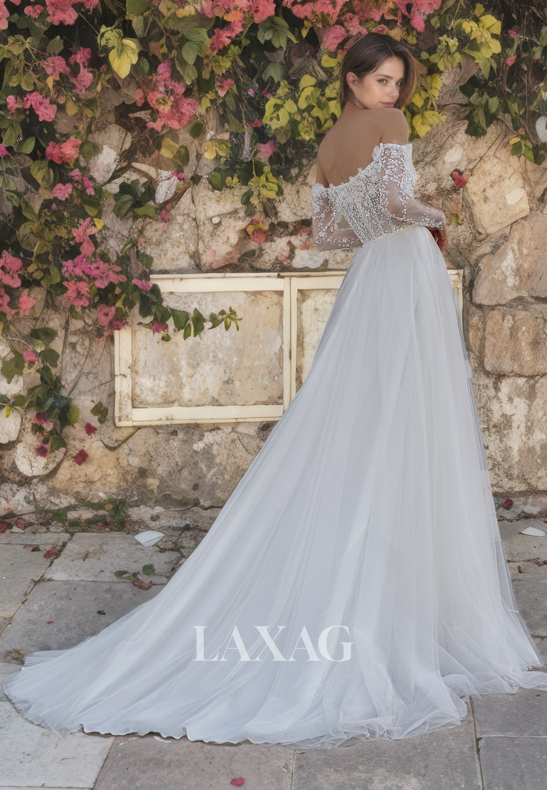 A-Line Off Shoulder Long Sleeves Beaded Appliques Tulle Wedding Dress with Train