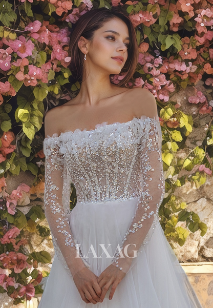 A-Line Off Shoulder Long Sleeves Beaded Appliques Tulle Wedding Dress with Train