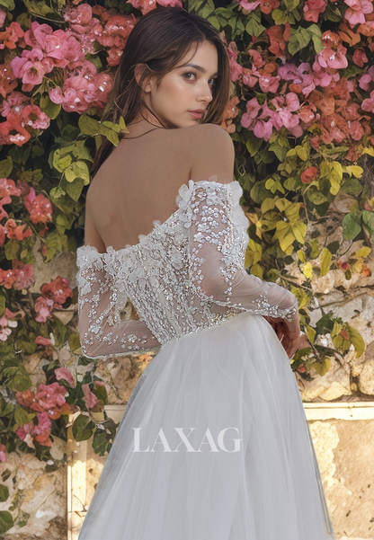 A-Line Off Shoulder Long Sleeves Beaded Appliques Tulle Wedding Dress with Train