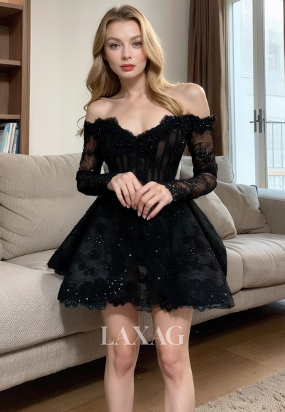 A-Line Off Shoulder Long Sleeves Lace Appliques Sequins Party Homecoming Dress