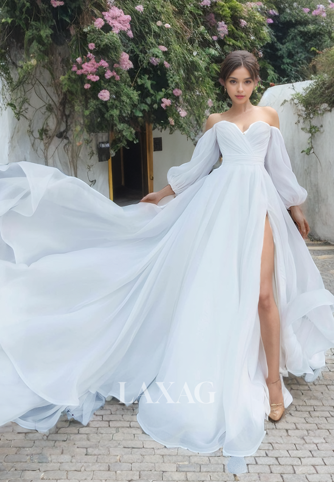 A-Line Off Shoulder Long Sleeves Sleek Satin High Slit Wedding Dress with Train