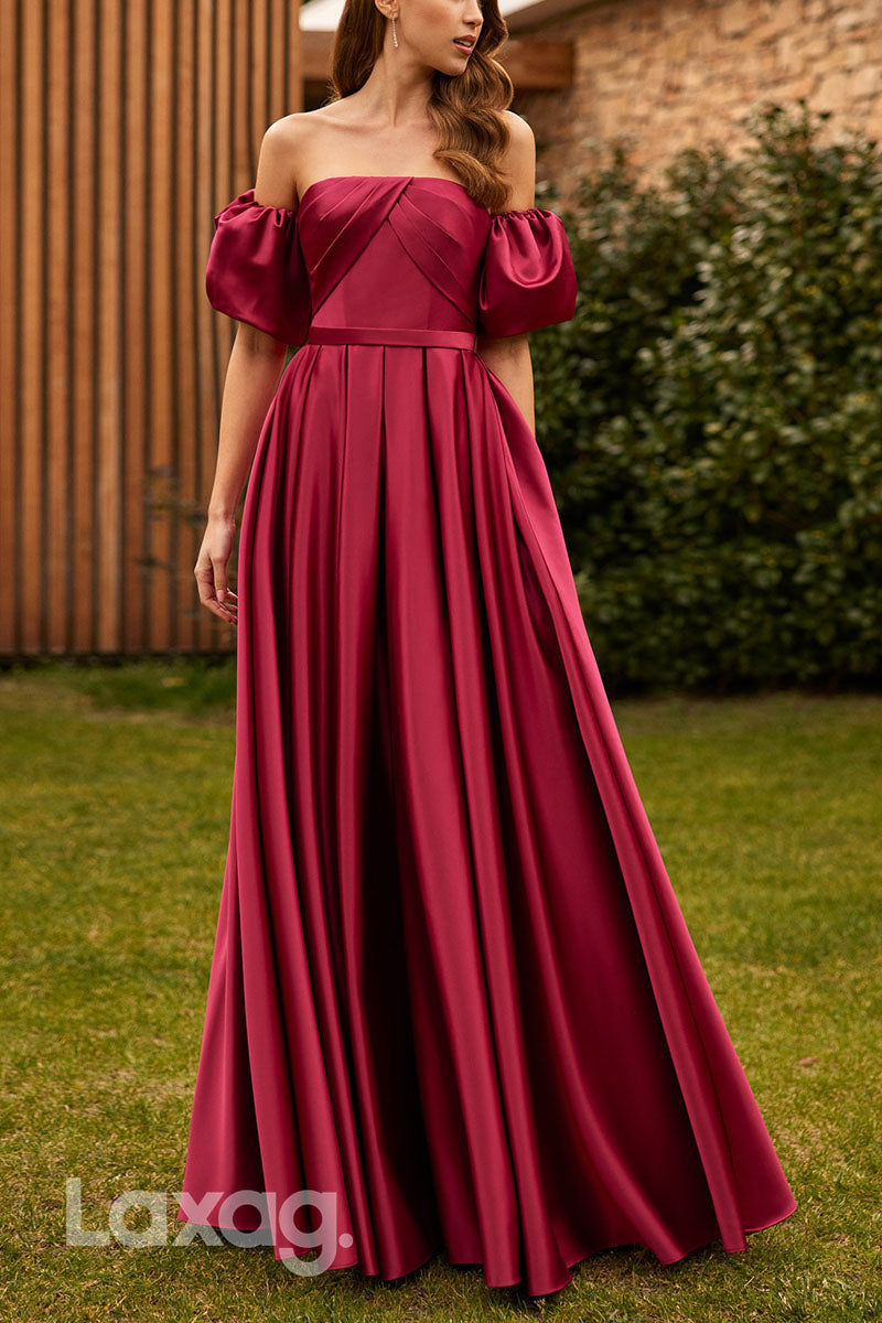 23042 - A-Line Off Shoulder Pleated Sleek Satin Cocktail Party Formal Evening Dress