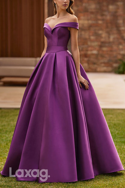 23055 - A-Line Off Shoulder Pleated Sleek Satin Cocktail Party Formal Evening Dress