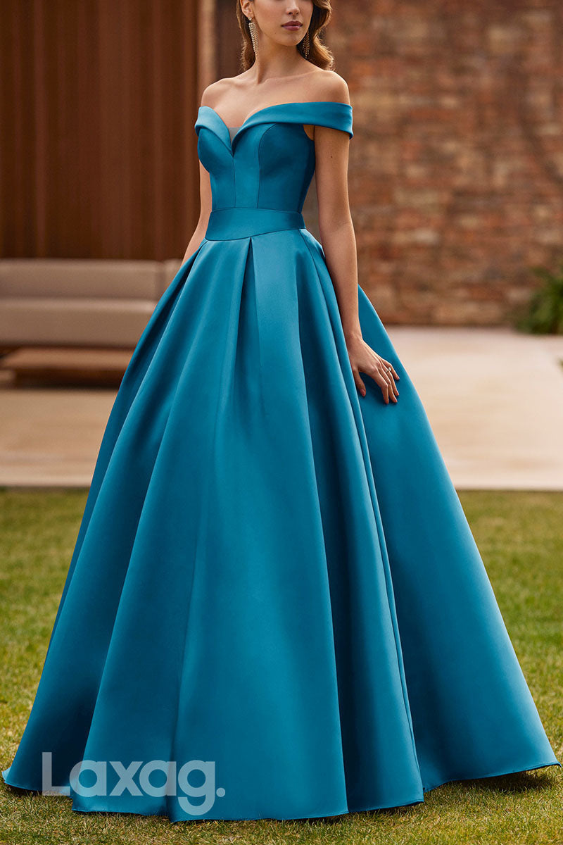 23055 - A-Line Off Shoulder Pleated Sleek Satin Cocktail Party Formal Evening Dress