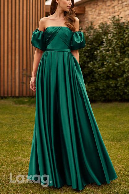 23042 - A-Line Off Shoulder Pleated Sleek Satin Cocktail Party Formal Evening Dress