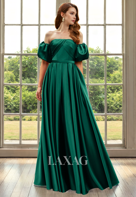 A-Line Off Shoulder Pleated Sleek Satin Elegant Mother of the Bride Dress