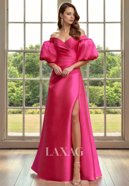 A-Line Off Shoulder Pleated Sleek Satin Mother of the Bride Dress with Slit