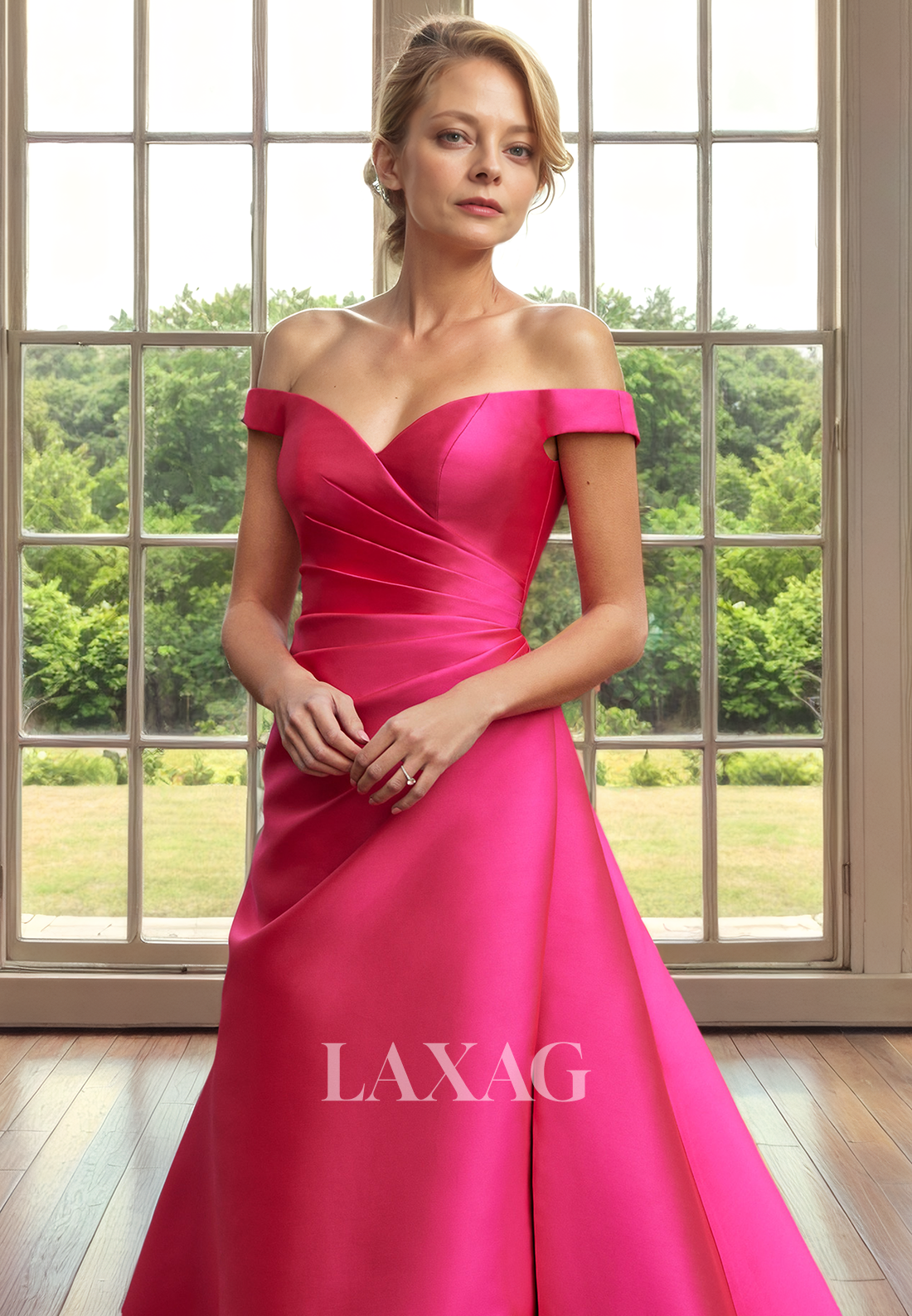 A-Line Off Shoulder Pleated Sleek Satin Mother of the Bride Dress with Slit