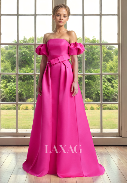 A-Line Off Shoulder Pleated Sleek Satin Mother of the Bride Dress with Train