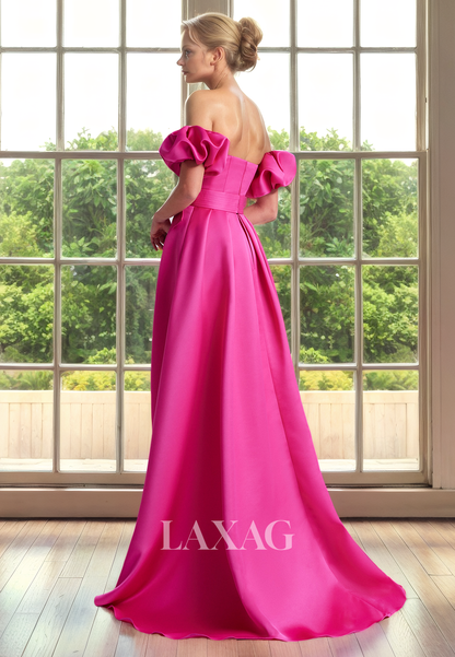 A-Line Off Shoulder Pleated Sleek Satin Mother of the Bride Dress with Train