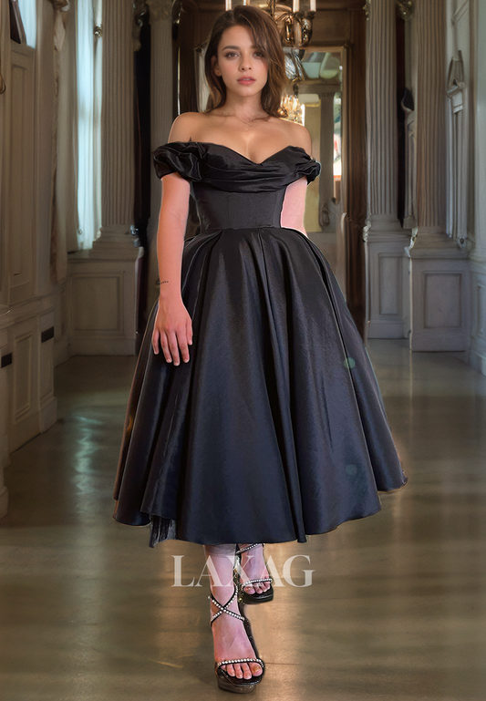 A-Line Off Shoulder Pleated Sleek Satin Party Prom Formal Evening Dress