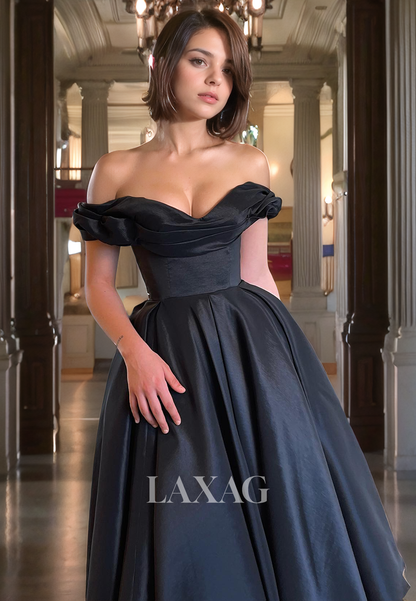 A-Line Off Shoulder Pleated Sleek Satin Party Prom Formal Evening Dress