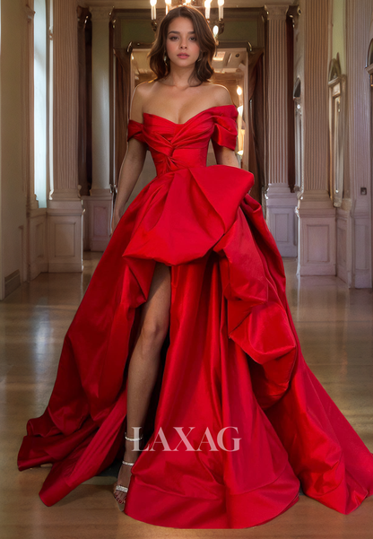 21794 - Off-Shoulder Thigh Split Ruched Satin Prom Dress