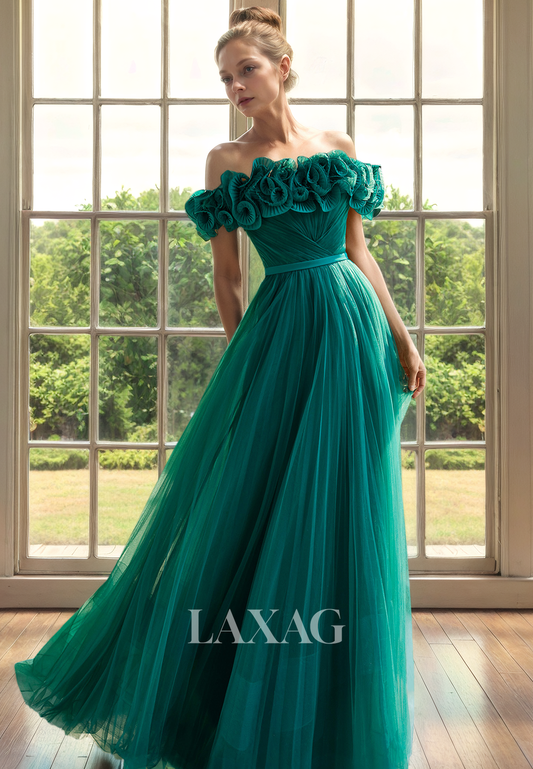 A-Line Off Shoulder Pleated Tulle Elegant Mother of the Bride Dress